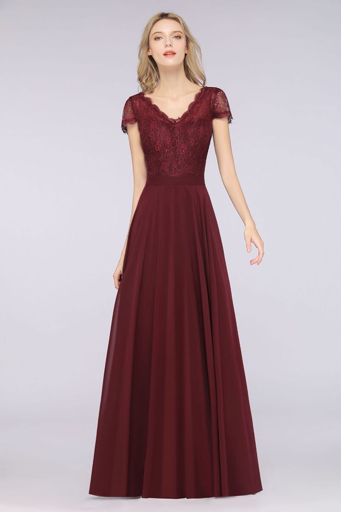 Elegante vestido de dama de honor de corte A, escote en V, mangas cortas y largo hasta el suelo