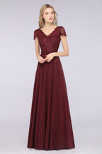 Robe de demoiselle d'honneur élégante, coupe trapèze, col en V, manches courtes et longueur au sol