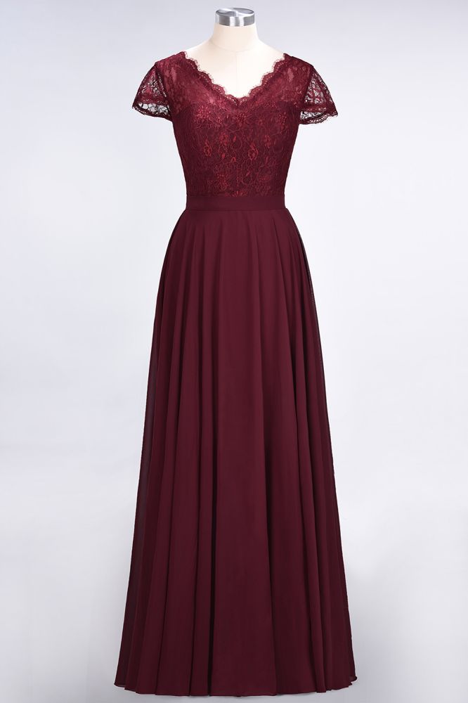 Robe de demoiselle d'honneur élégante, coupe trapèze, col en V, manches courtes et longueur au sol