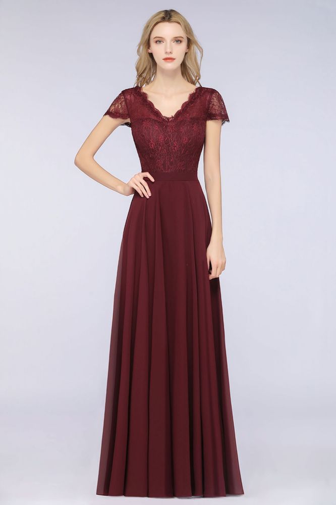 Robe de demoiselle d'honneur élégante, coupe trapèze, col en V, manches courtes et longueur au sol