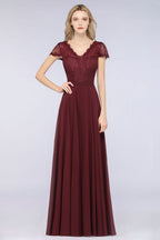 Robe de demoiselle d'honneur élégante, coupe trapèze, col en V, manches courtes et longueur au sol