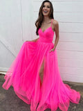 Robe de bal longue élégante en tulle, coupe trapèze, col en V, fente sur le devant et poches