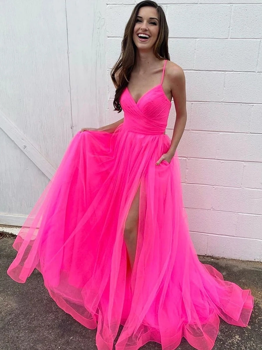 Robe de bal longue élégante en tulle, coupe trapèze, col en V, fente sur le devant et poches