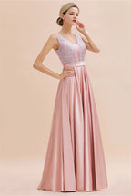 Stylish Backless Satin Floor Length Evening Dress V-Neck Party Dress