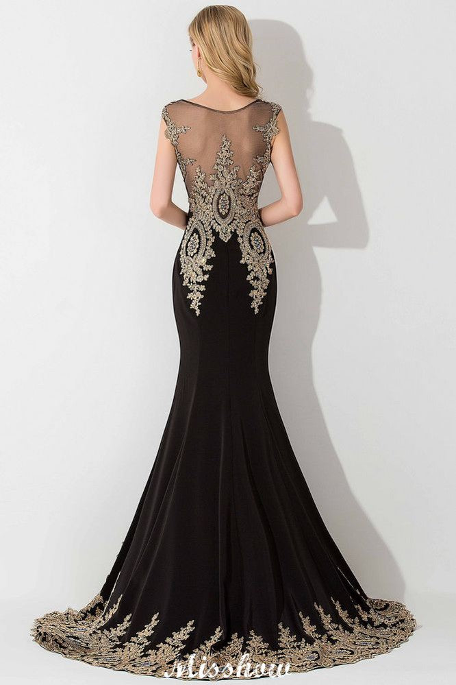 Robe de soirée longue sirène élégante à manches courtes et appliques dorées