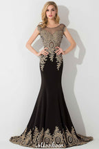 Robe de soirée longue sirène élégante à manches courtes et appliques dorées