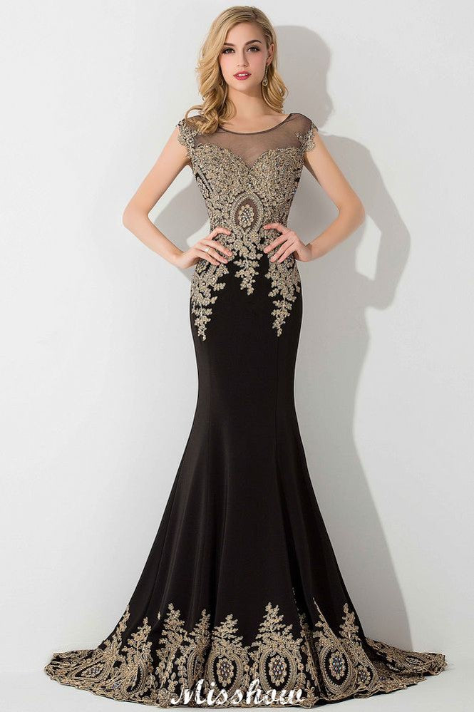 Robe de soirée longue sirène élégante à manches courtes et appliques dorées