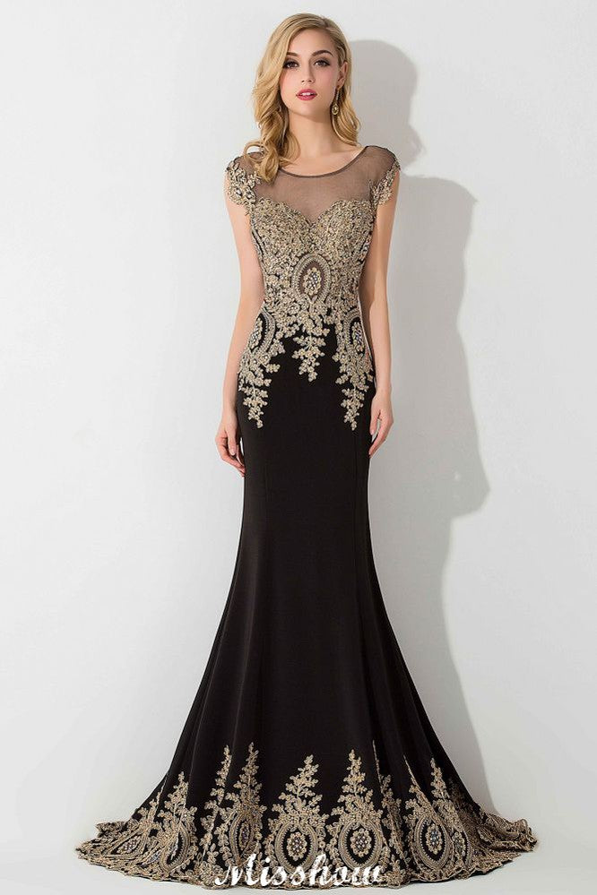 Robe de soirée longue sirène élégante à manches courtes et appliques dorées
