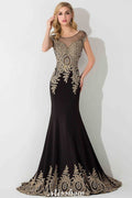 Robe de soirée longue sirène élégante à manches courtes et appliques dorées