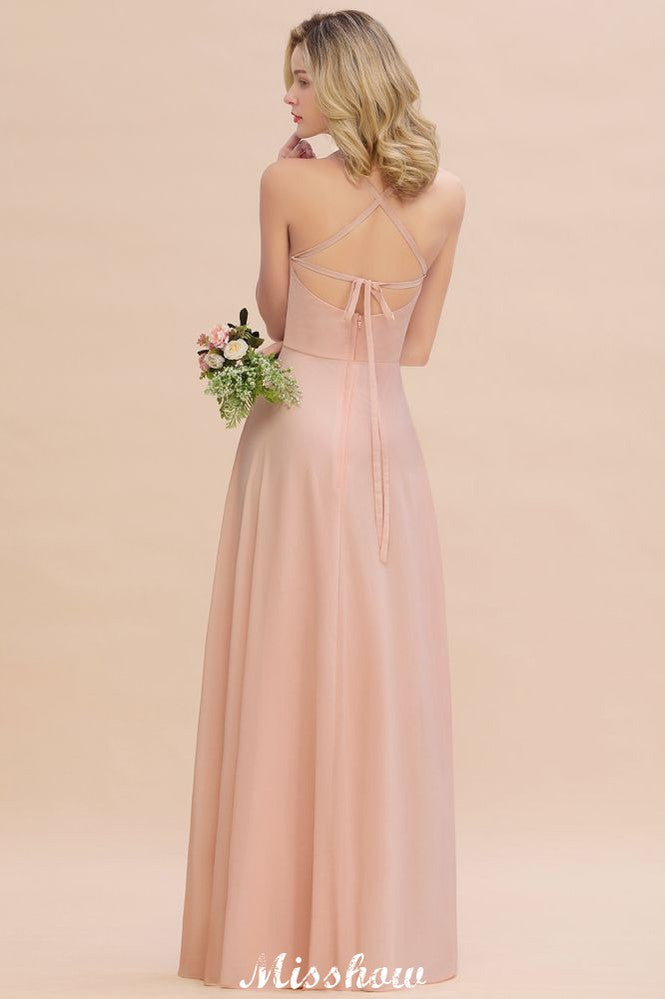 Elegante vestido de dama de honor de gasa con tirantes, sin mangas, largo hasta el suelo, corte en A y volantes.