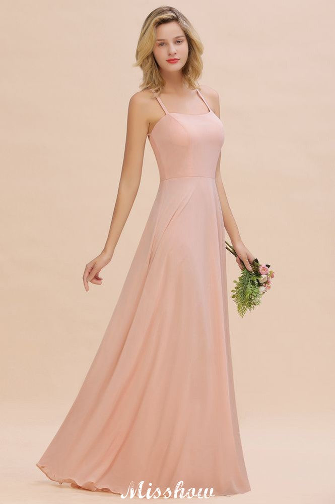 Robe de demoiselle d'honneur élégante en mousseline, bretelles, sans manches, coupe trapèze et volants, longueur au sol