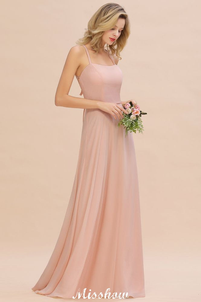 Elegante vestido de dama de honor de gasa con tirantes, sin mangas, largo hasta el suelo, corte en A y volantes.