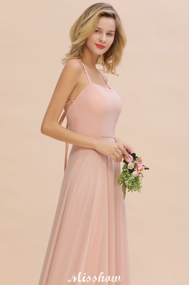 Robe de demoiselle d'honneur élégante en mousseline, bretelles, sans manches, coupe trapèze et volants, longueur au sol