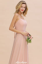 Robe de demoiselle d'honneur élégante en mousseline, bretelles, sans manches, coupe trapèze et volants, longueur au sol