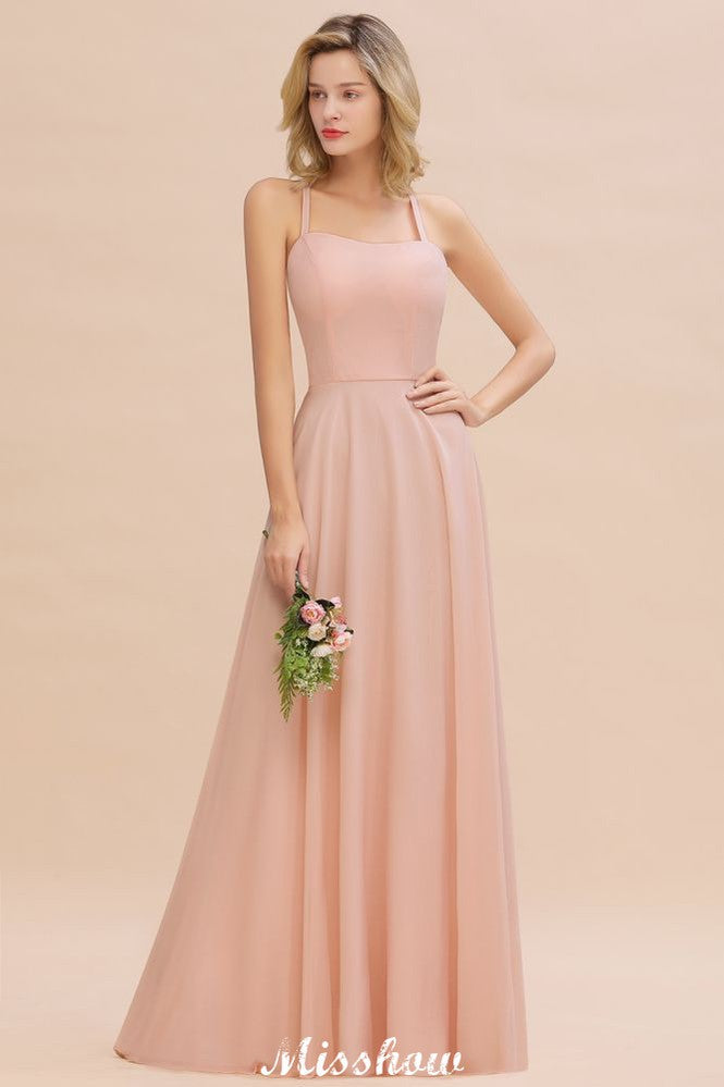 Robe de demoiselle d'honneur élégante en mousseline, bretelles, sans manches, coupe trapèze et volants, longueur au sol