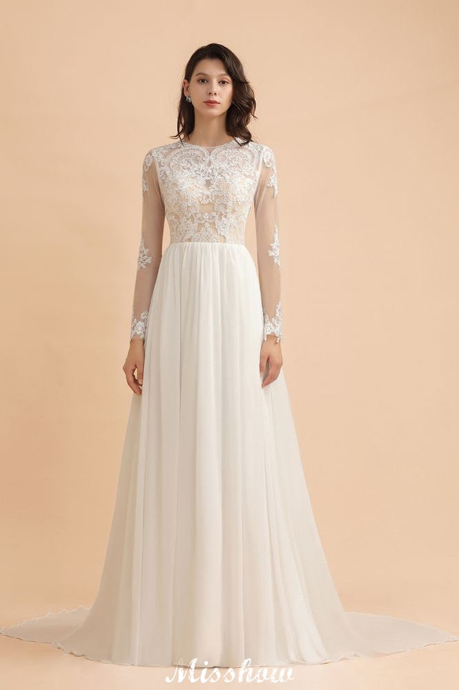 Elegante vestido de novia de gasa con cuello redondo y apliques de encaje, manga larga y estilo sencillo.
