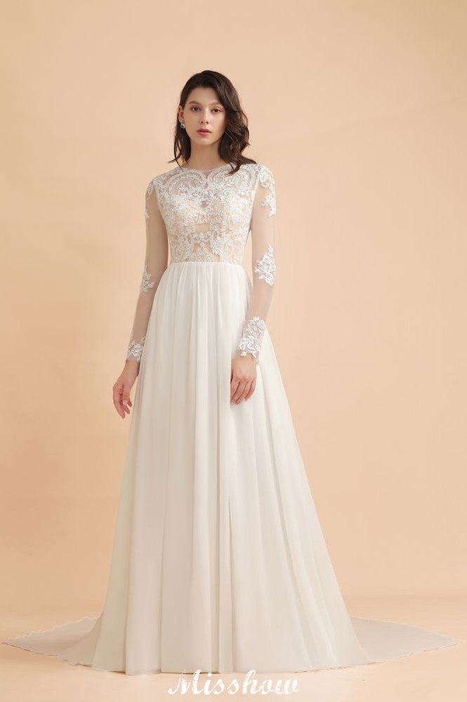 Elegante vestido de novia de gasa con cuello redondo y apliques de encaje, manga larga y estilo sencillo.