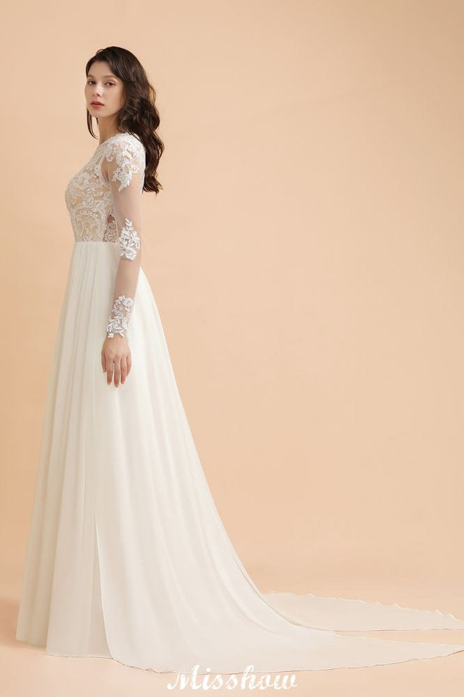 Elegante vestido de novia de gasa con cuello redondo y apliques de encaje, manga larga y estilo sencillo.