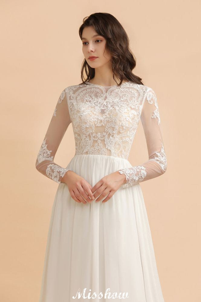 Elegante vestido de novia de gasa con cuello redondo y apliques de encaje, manga larga y estilo sencillo.