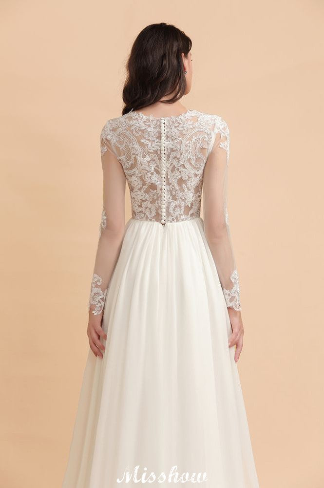 Elegante vestido de novia de gasa con cuello redondo y apliques de encaje, manga larga y estilo sencillo.