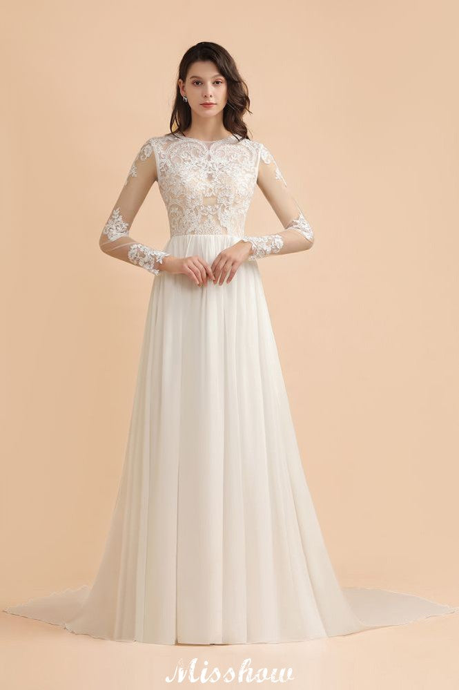 Elegante vestido de novia de gasa con cuello redondo y apliques de encaje, manga larga y estilo sencillo.