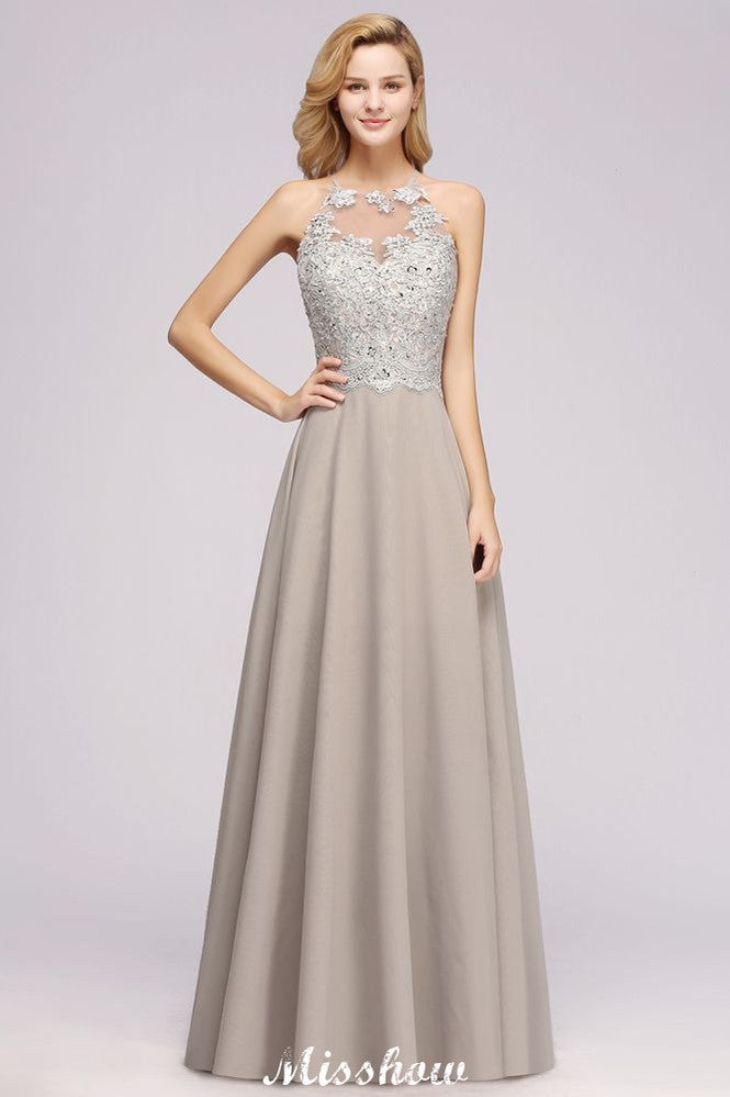 Elegante vestido de noche sin mangas con apliques florales, corte A, de gasa plateada, ideal para fiestas y ocasiones especiales.