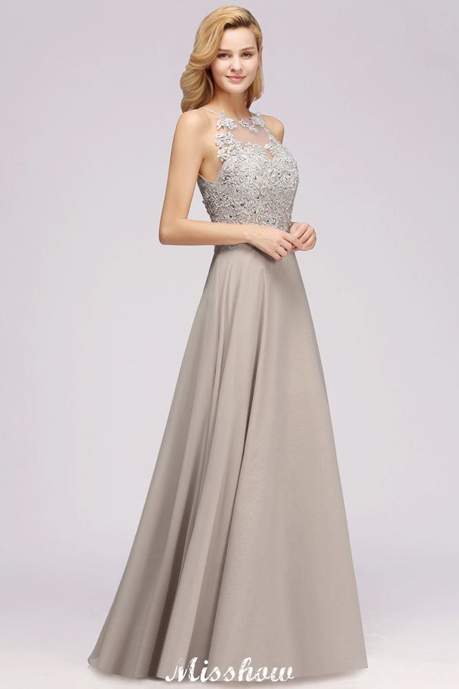 Robe de soirée sans manches élégante à appliqués floraux, coupe trapèze, en mousseline argentée, longue robe de demoiselle d'honneur