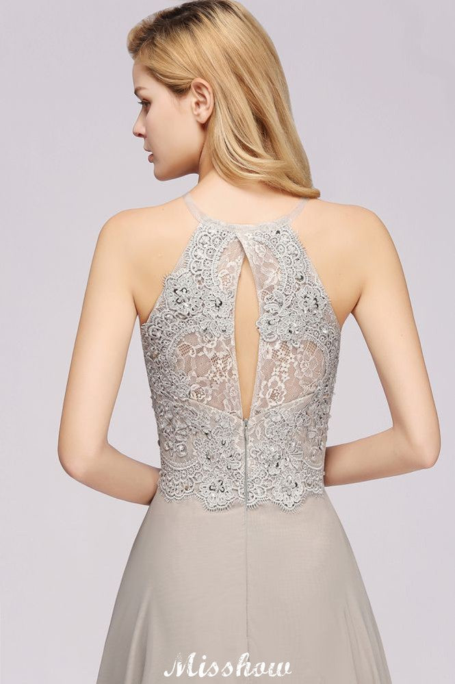 Elegante vestido de noche sin mangas con apliques florales, corte A, de gasa plateada, ideal para fiestas y ocasiones especiales.