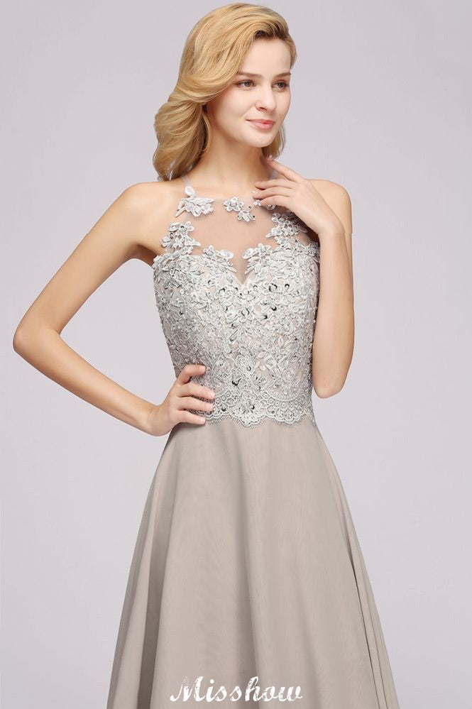 Elegante vestido de noche sin mangas con apliques florales, corte A, de gasa plateada, ideal para fiestas y ocasiones especiales.