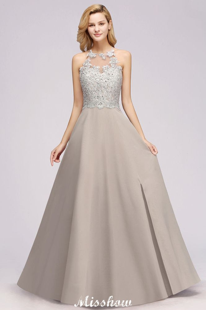 Elegante vestido de noche sin mangas con apliques florales, corte A, de gasa plateada, ideal para fiestas y ocasiones especiales.