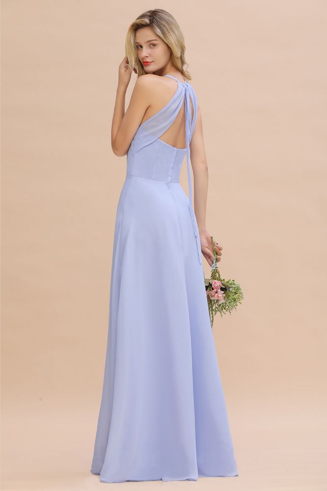 Elegante vestido de dama de honor sin mangas, largo hasta el suelo, con escote halter en V y corte en A