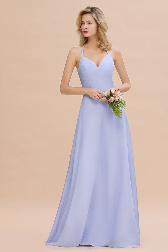 Elegante vestido de dama de honor sin mangas, largo hasta el suelo, con escote halter en V y corte en A