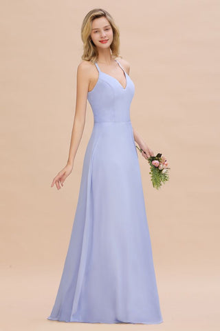 Elegante vestido de dama de honor sin mangas, largo hasta el suelo, con escote halter en V y corte en A