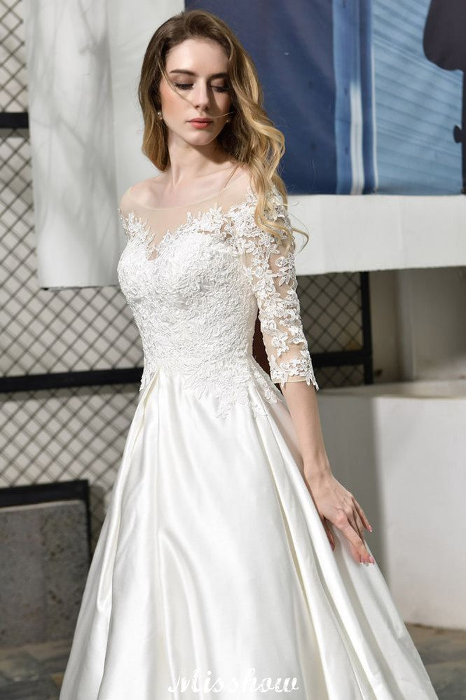 Vestido de novia de corte A, manga corta, elegante, con apliques de encaje y largo hasta el suelo, en satén.