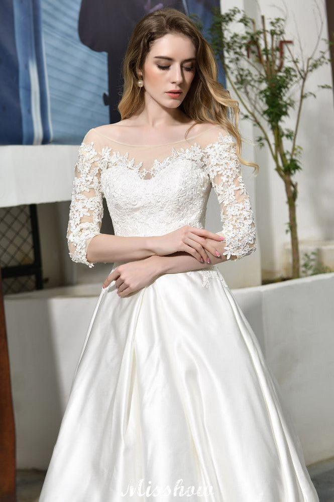 Vestido de novia de corte A, manga corta, elegante, con apliques de encaje y largo hasta el suelo, en satén.
