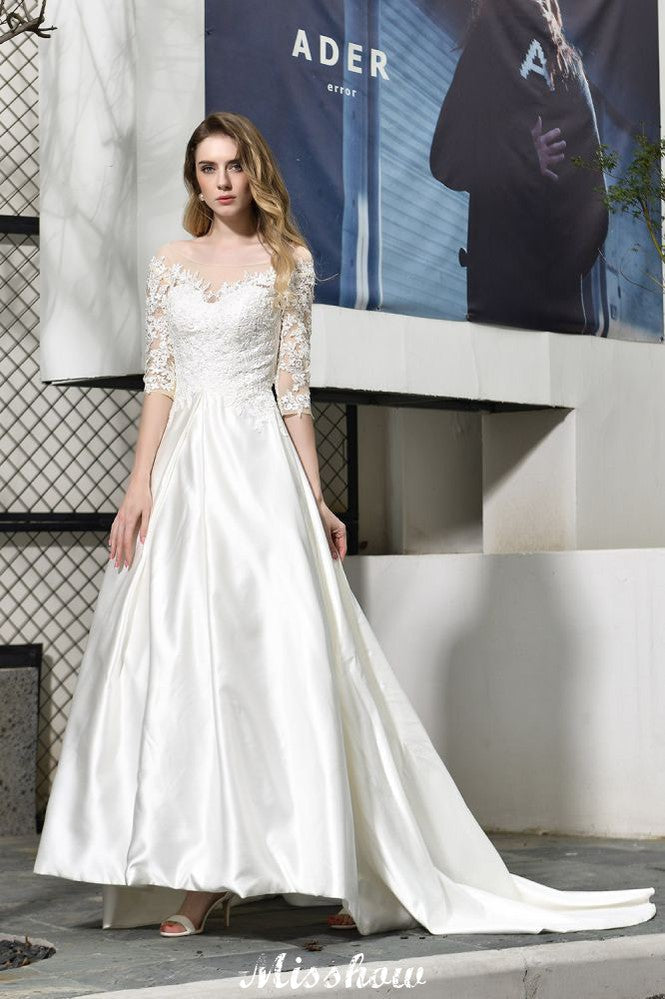 Vestido de novia de corte A, manga corta, elegante, con apliques de encaje y largo hasta el suelo, en satén.