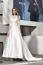 Vestido de novia de corte A, manga corta, elegante, con apliques de encaje y largo hasta el suelo, en satén.