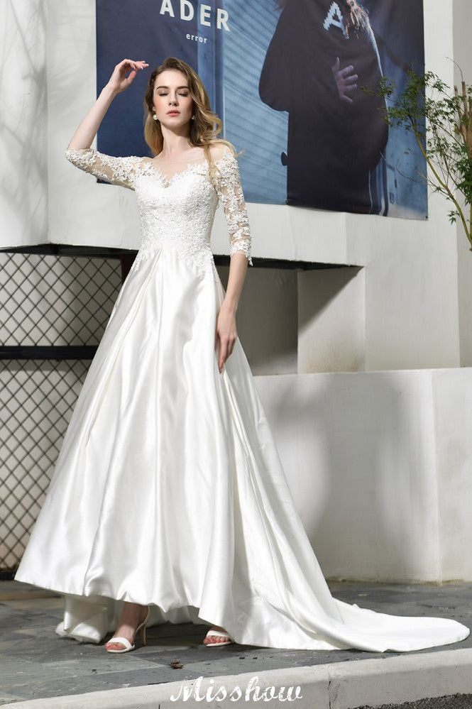 Vestido de novia de corte A, manga corta, elegante, con apliques de encaje y largo hasta el suelo, en satén.