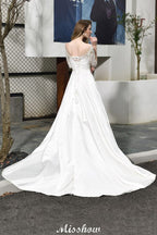 Vestido de novia de corte A, manga corta, elegante, con apliques de encaje y largo hasta el suelo, en satén.
