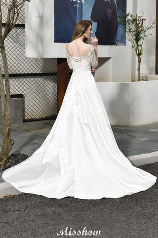 Vestido de novia de corte A, manga corta, elegante, con apliques de encaje y largo hasta el suelo, en satén.