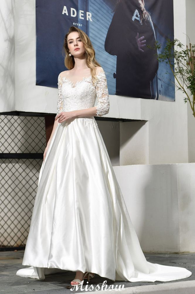 Vestido de novia de corte A, manga corta, elegante, con apliques de encaje y largo hasta el suelo, en satén.
