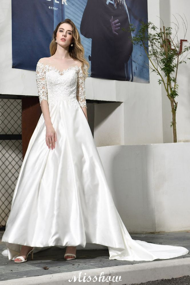Vestido de novia de corte A, manga corta, elegante, con apliques de encaje y largo hasta el suelo, en satén.