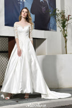 Vestido de novia de corte A, manga corta, elegante, con apliques de encaje y largo hasta el suelo, en satén.