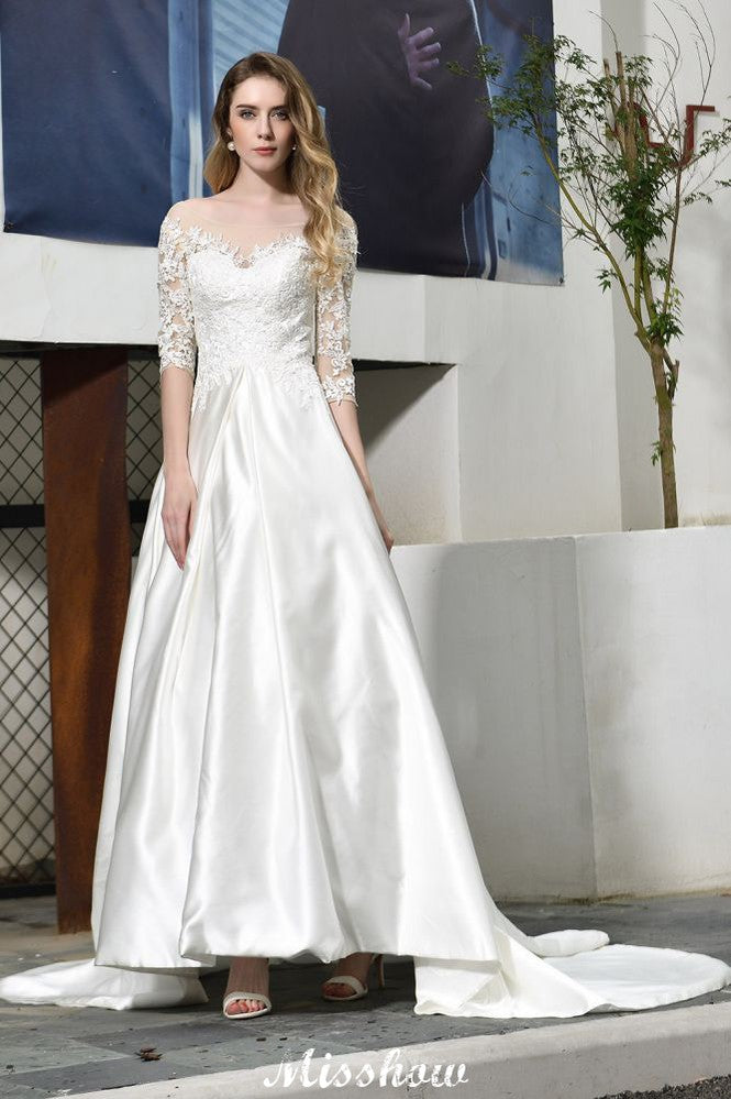 Vestido de novia de corte A, manga corta, elegante, con apliques de encaje y largo hasta el suelo, en satén.