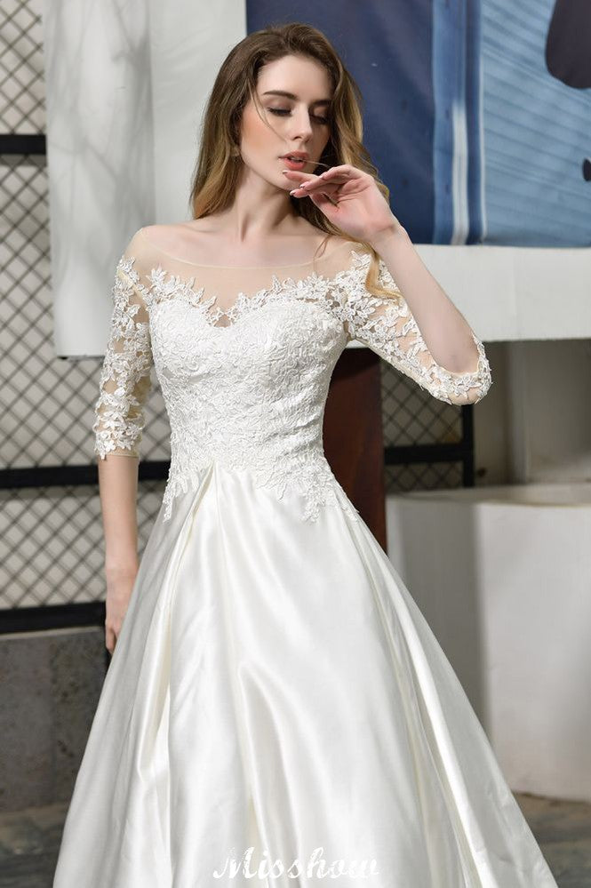 Vestido de novia de corte A, manga corta, elegante, con apliques de encaje y largo hasta el suelo, en satén.