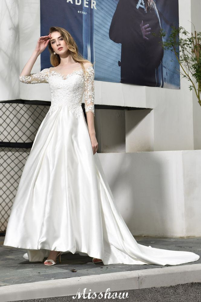 Vestido de novia de corte A, manga corta, elegante, con apliques de encaje y largo hasta el suelo, en satén.