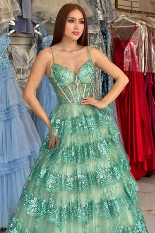 Elegante vestido largo de fiesta verde con tirantes finos, lentejuelas y encaje, corte en A.
