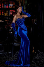 Robe de bal sirène longue et élégante en velours bleu roi, sans bretelles, ornée de perles