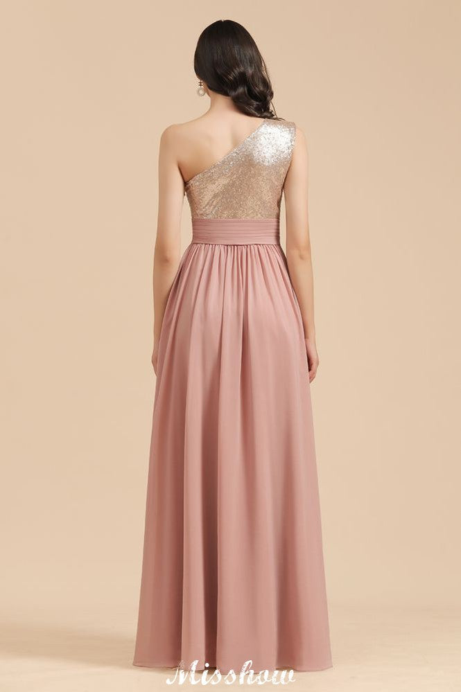 Elegante vestido de fiesta de noche de gasa con lentejuelas y un solo hombro