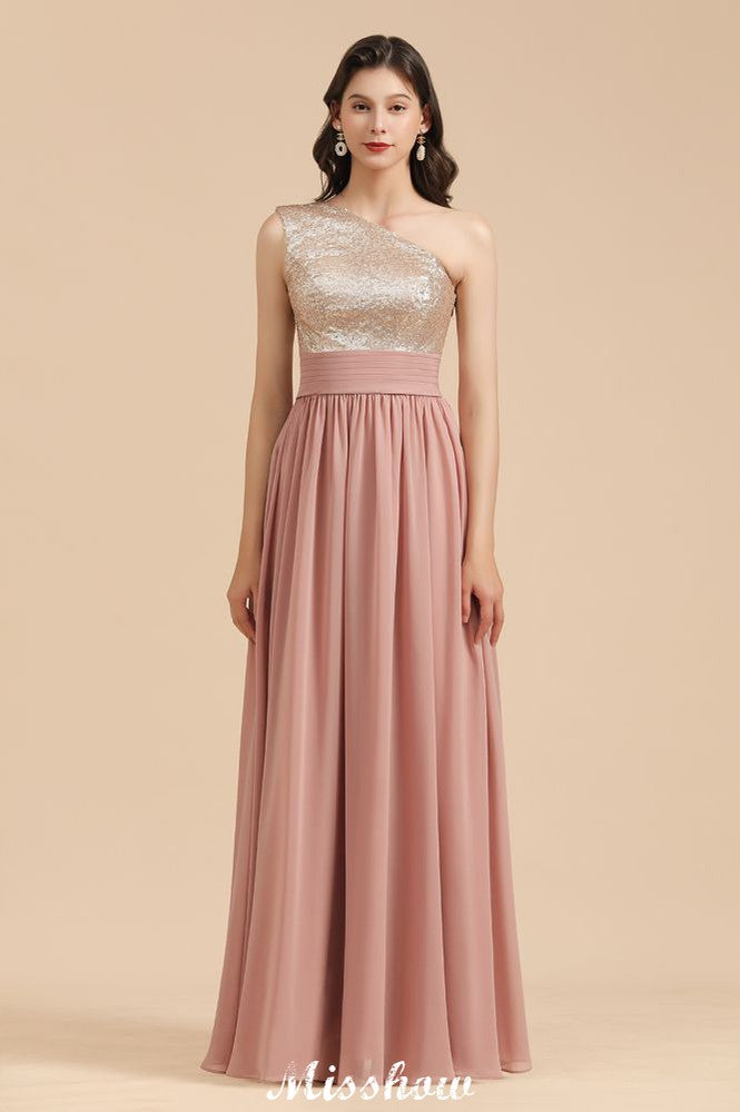 Elegante vestido de fiesta de noche de gasa con lentejuelas y un solo hombro